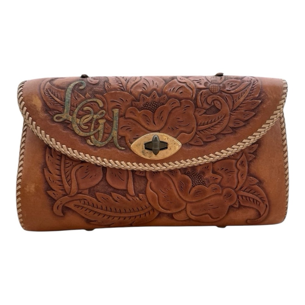 Vintage Martina Martinez Hand Tooled Leather Floral Clutch Bag Custom Made